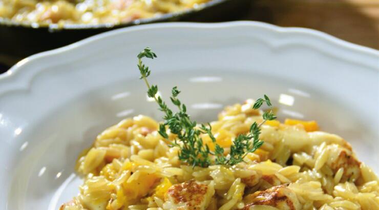 Κριθαρότο με ψητή κολοκύθα, χαλούμι και πετιμέζι