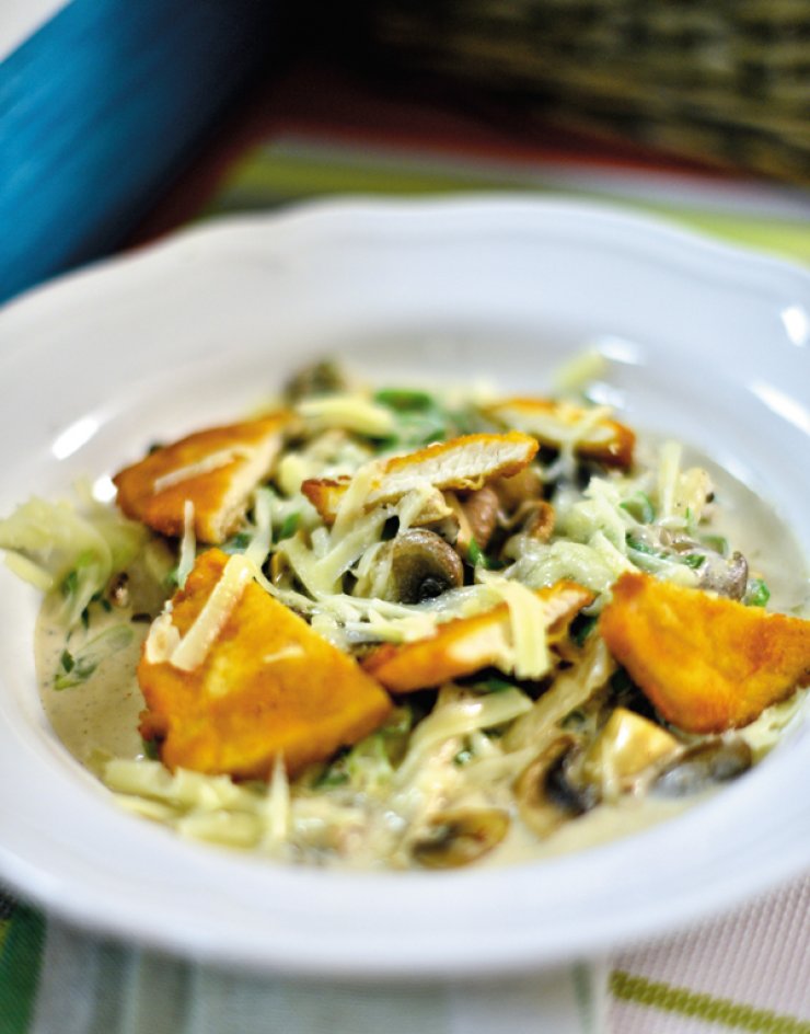 Φιλέτο κοτόπουλο πανέ με σοταρισμένα μανιτάρια