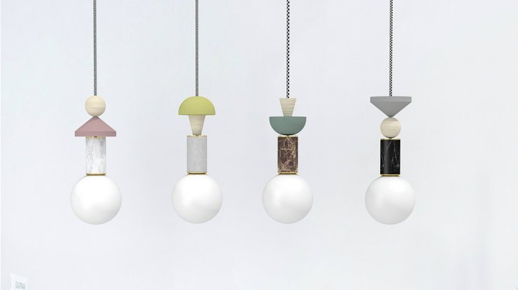 Γεωμετρικά φωτιστικά από μάρμαρο, γυαλί, μέταλλο και ξύλο